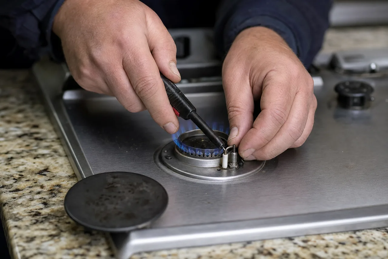 Technician adjusting a gas cooktop burner in a White Plains kitchen