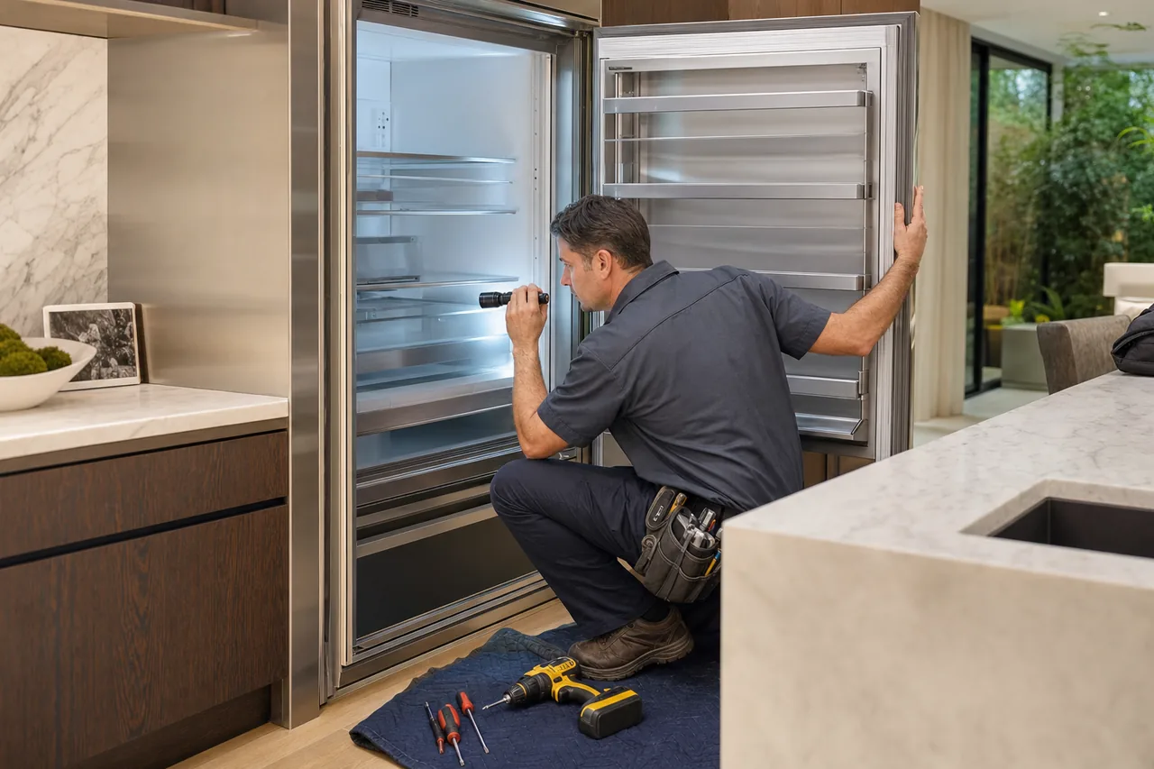 Technician servicing a stainless Wolf dual-fuel range in a White Plains kitchen