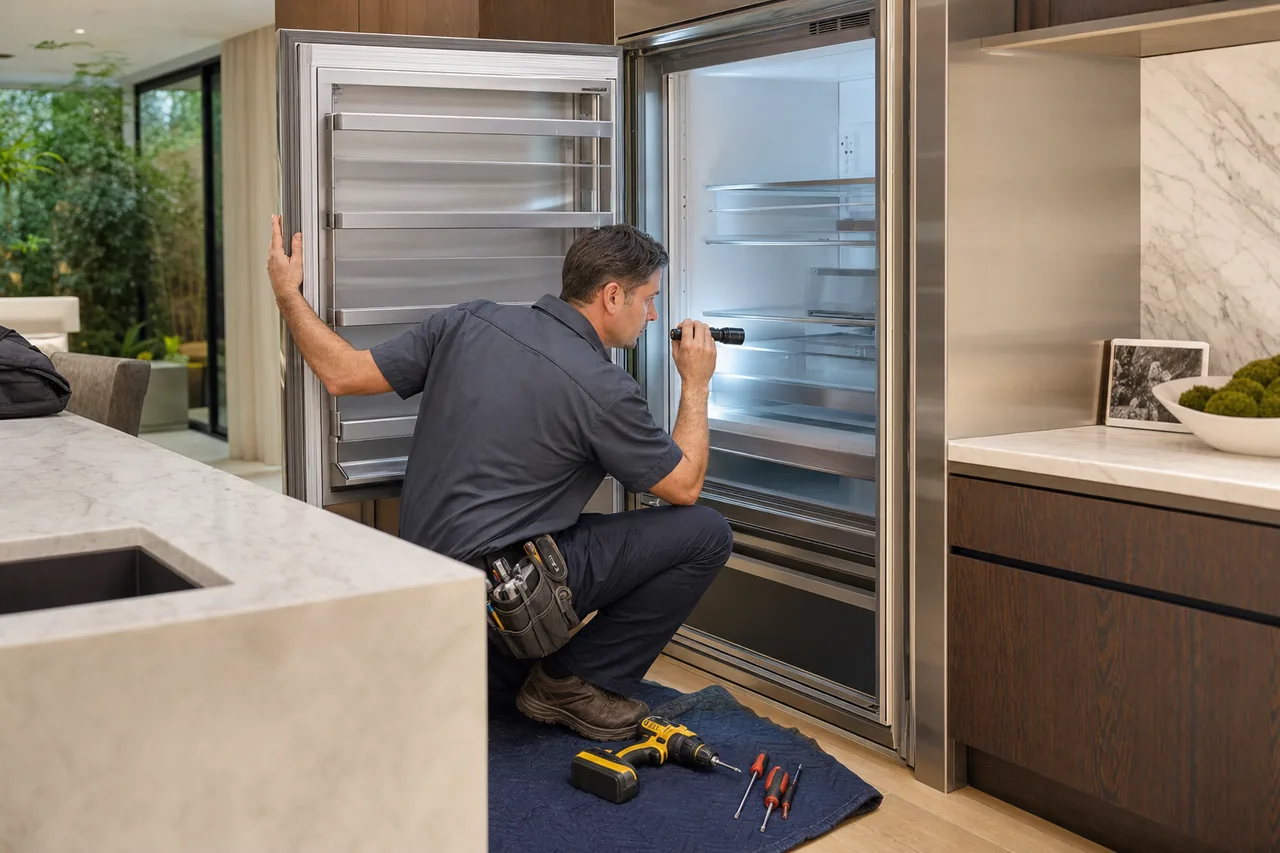 Technician repairing a built-in refrigerator up close