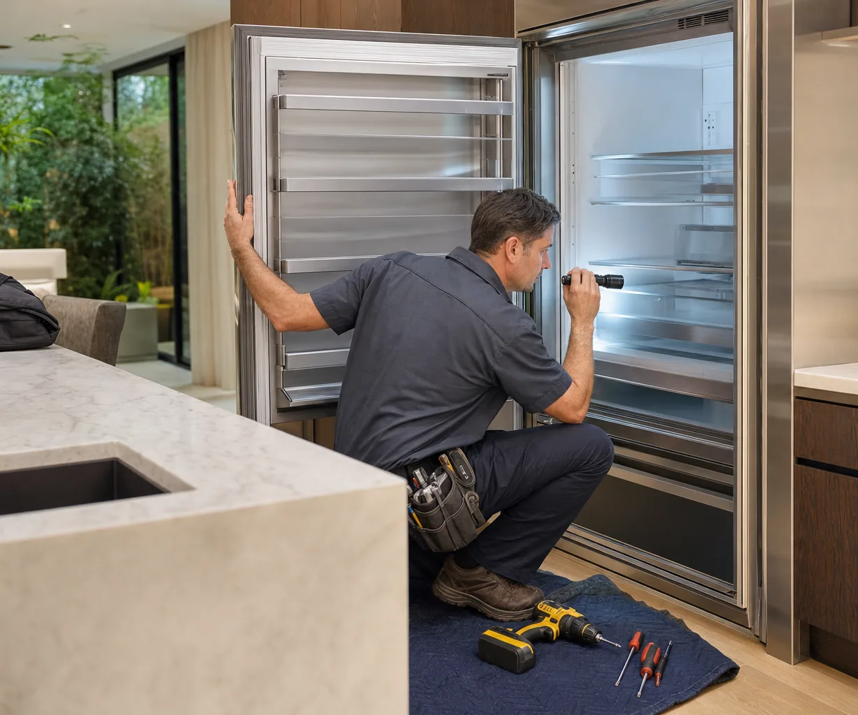 Technician repairing a built-in refrigerator in a White Plains kitchen
