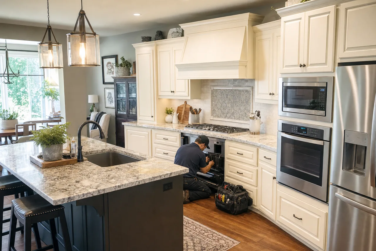 Technician repairing a built-in Sub-Zero refrigerator
