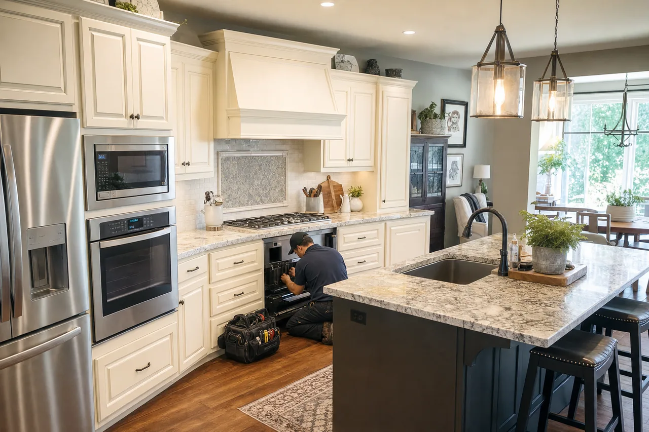 A luxury kitchen with built-in stainless appliances up close