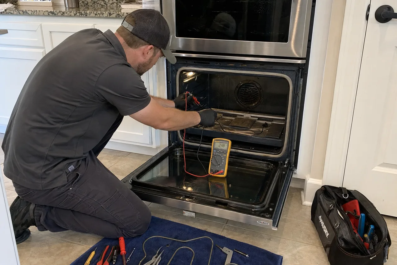 Technician servicing a built-in wall oven