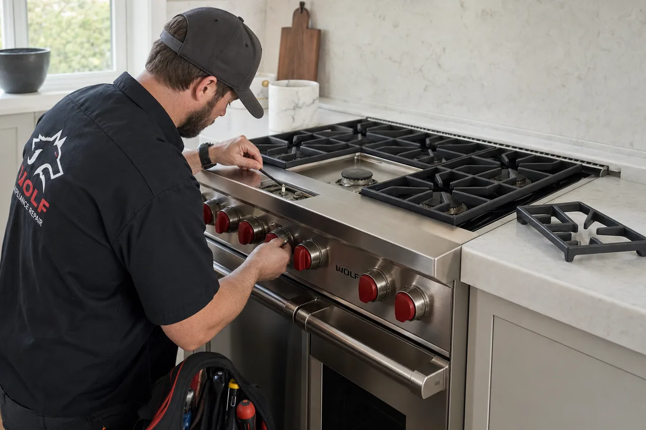 Technician servicing a stainless Wolf dual-fuel range in a White Plains kitchen
